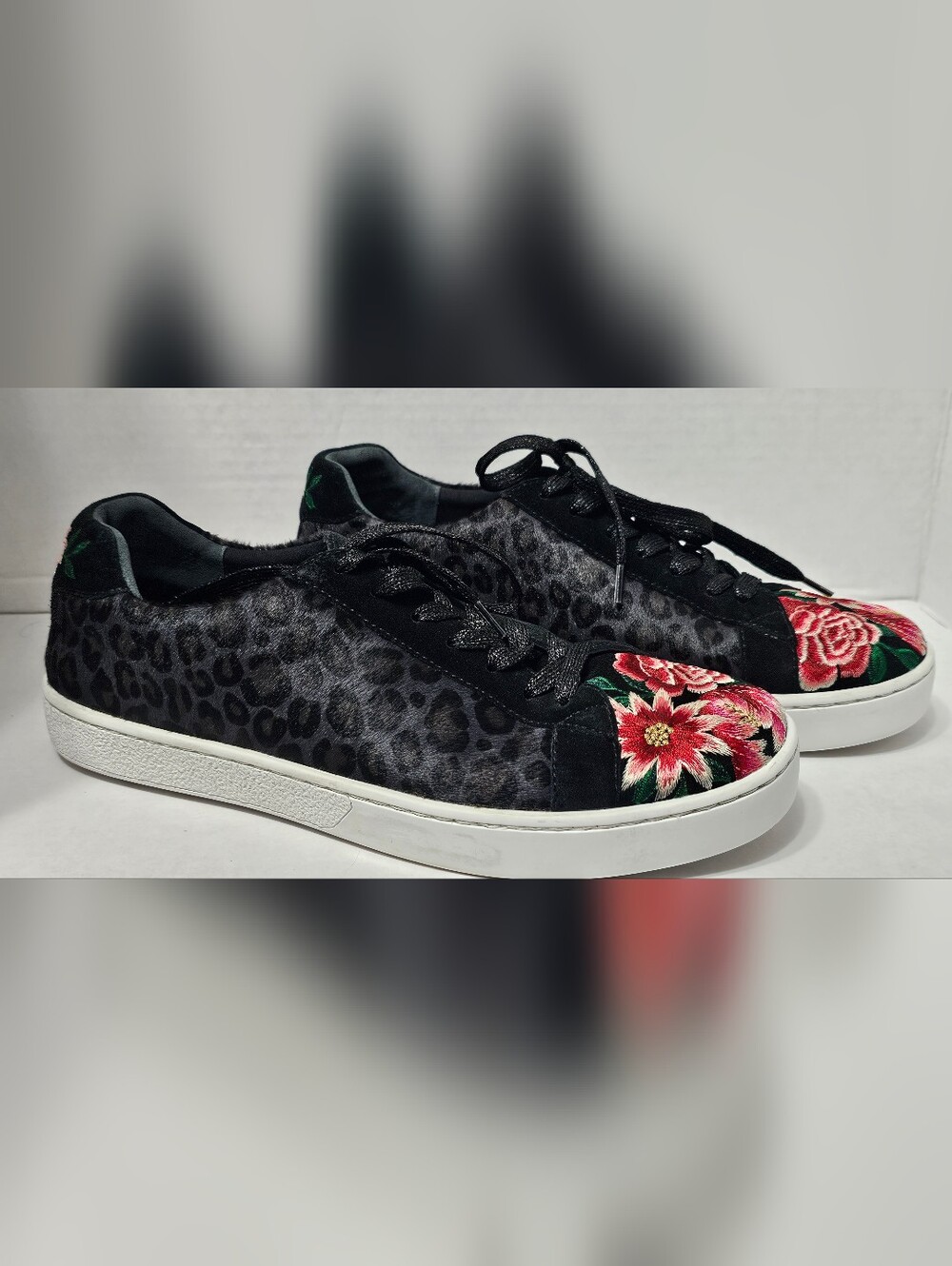 Johnny Was Black Leopard Calf Hair Floral Embroidered Sneaker JWS6022-6 Size 9.5